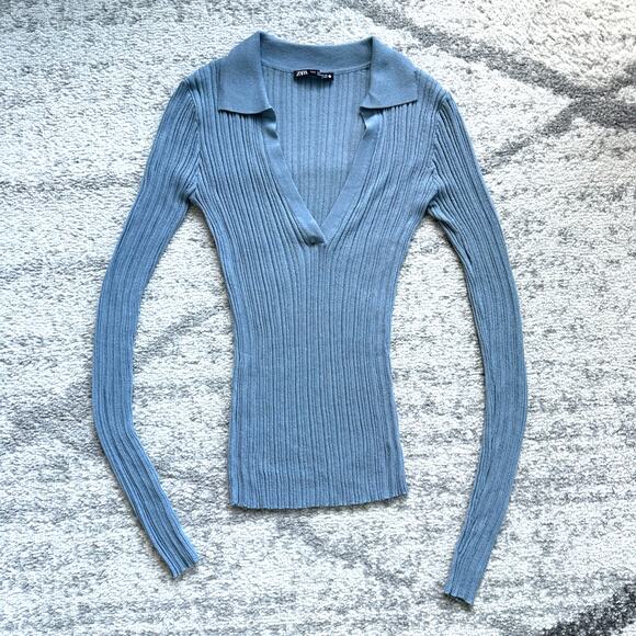 Zara Dusty Blue Ribbed V-Neck Polo Shirt Fitted Long Sleeve Top Size S - Picture 5 of 7